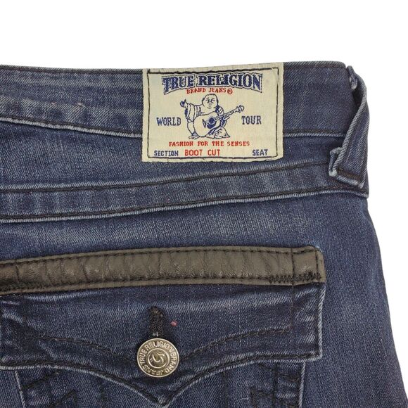 TRUE RELIGION Jeans Womens 31 Blue Leather Accent Flap Pockets Designer Bootcut - Picture 2 of 11